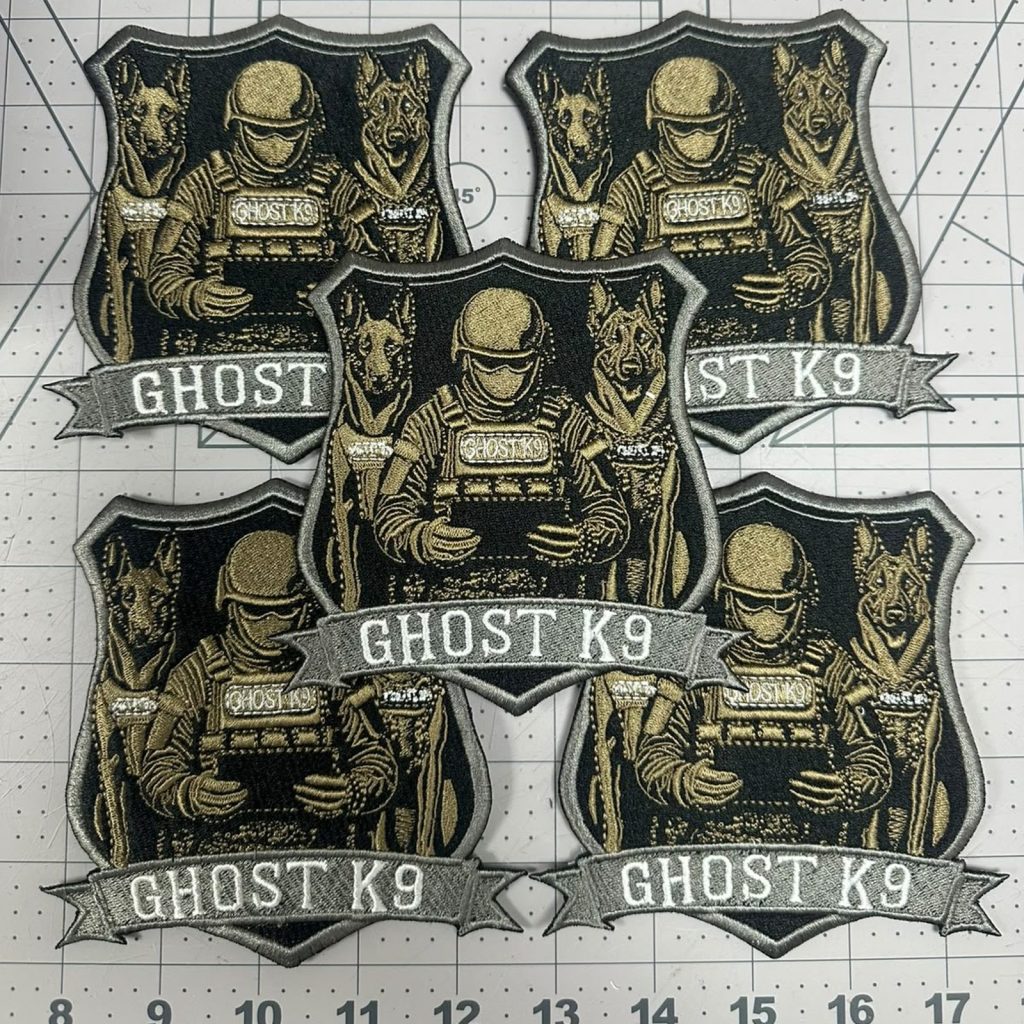 Custom embroidered K9 unit patches, stitched as a sheet
