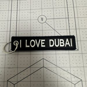 Custom embroidered I Love Dubai keychain tag with split ring