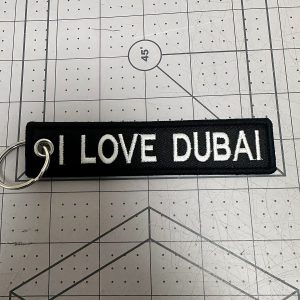 Custom embroidered I Love Dubai keychain tag with split ring