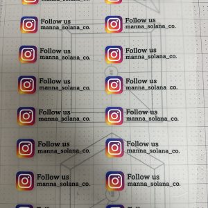 Sheet of custom full-colour DTF stickers with a social media handle