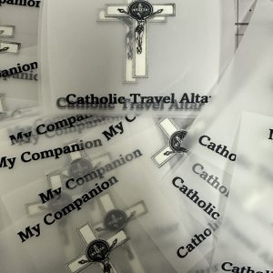 Custom DTF stickers with a cross design, printed on clear film