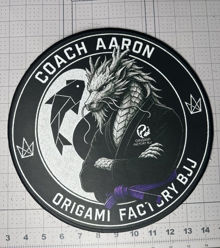 Custom printed patch with a detailed dragon illustration for a jiu-jitsu academy